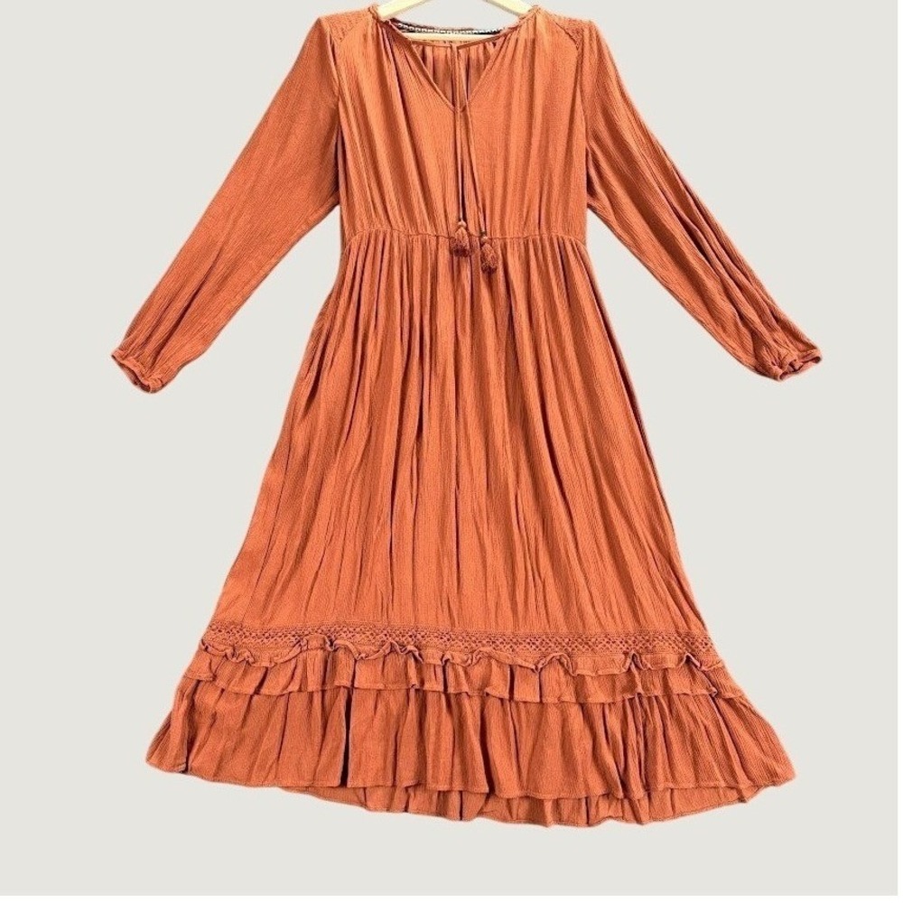 Knox Rose Orange Boho Midi Dress Women's Medium Approx Tiered Ruffle Long Sleeve - Picture 2 of 14